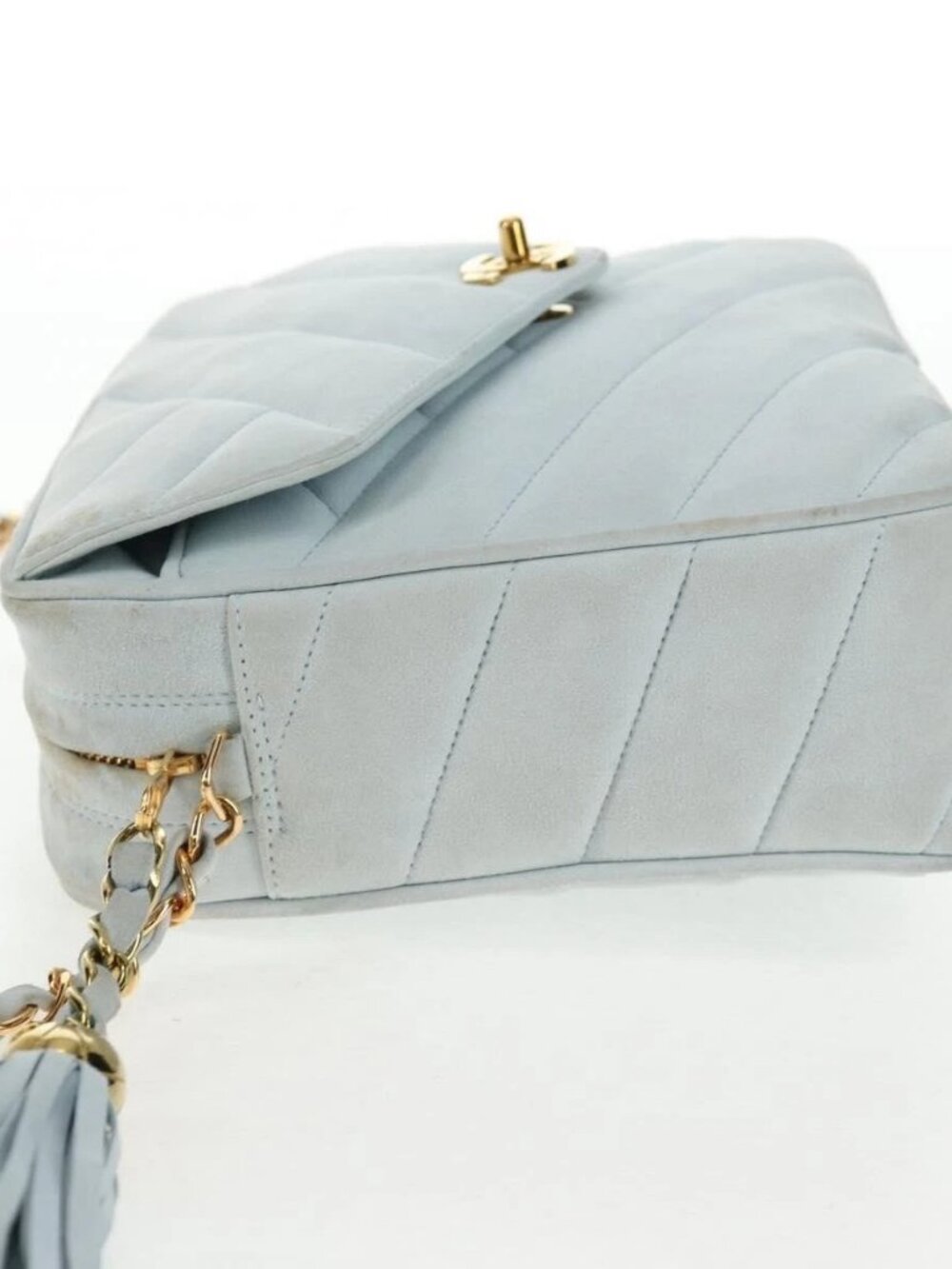 CHANEL Bias Stitch Chain Shoulder Bag Suede Light Blue Gold CC Auth 139935V - Picture 3 of 15